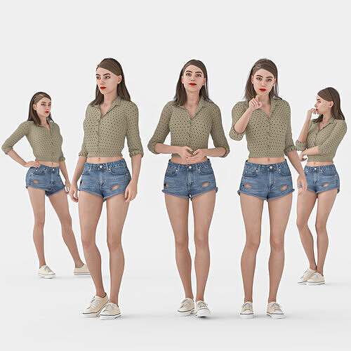 casual woman in 5 poses Low-poly 3D model