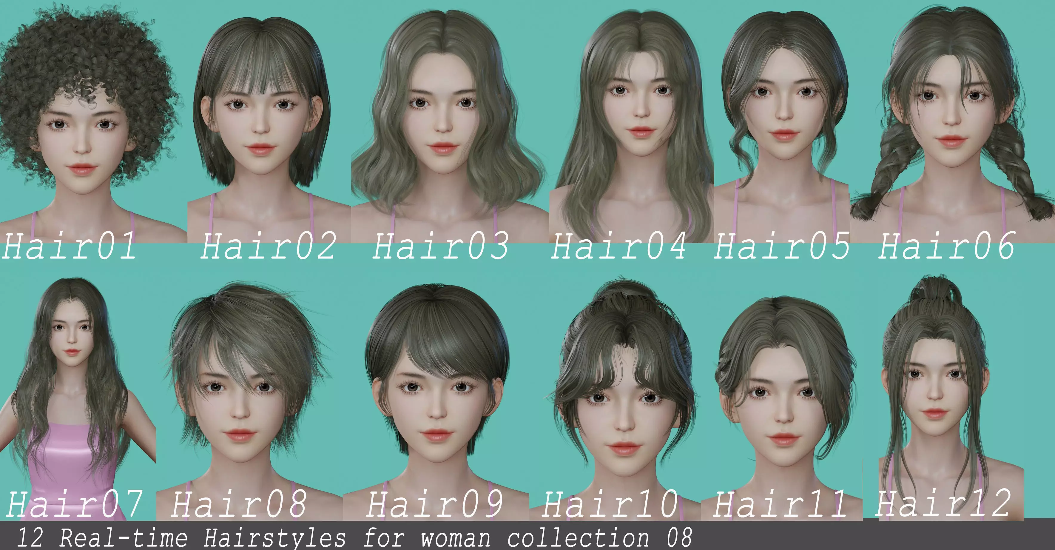 12 Real-time Women Hairstyles collection 08 Low-poly 3D model_0