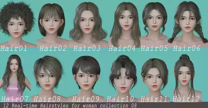 12 Real-time Women Hairstyles collection 08 Low-poly 3D model