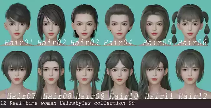 12 Real-time Women Hairstyles collection 09 Low-poly 3D model