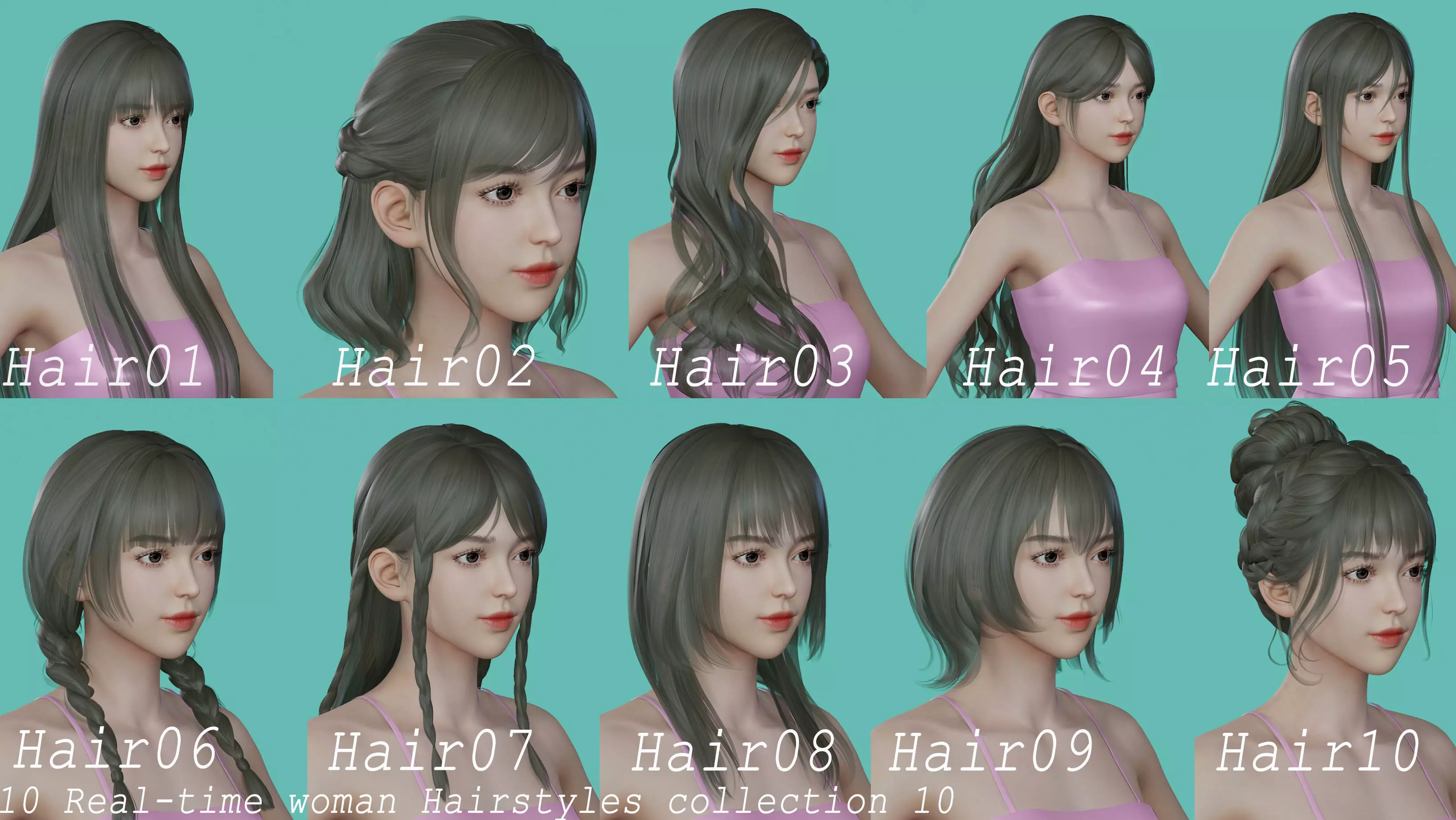 10 Real-time Women Hairstyles collection 10 Low-poly 3D model_0