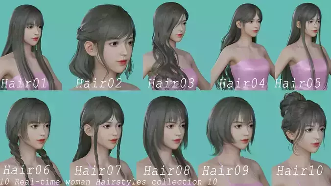 10 Real-time Women Hairstyles collection 10 Low-poly 3D model