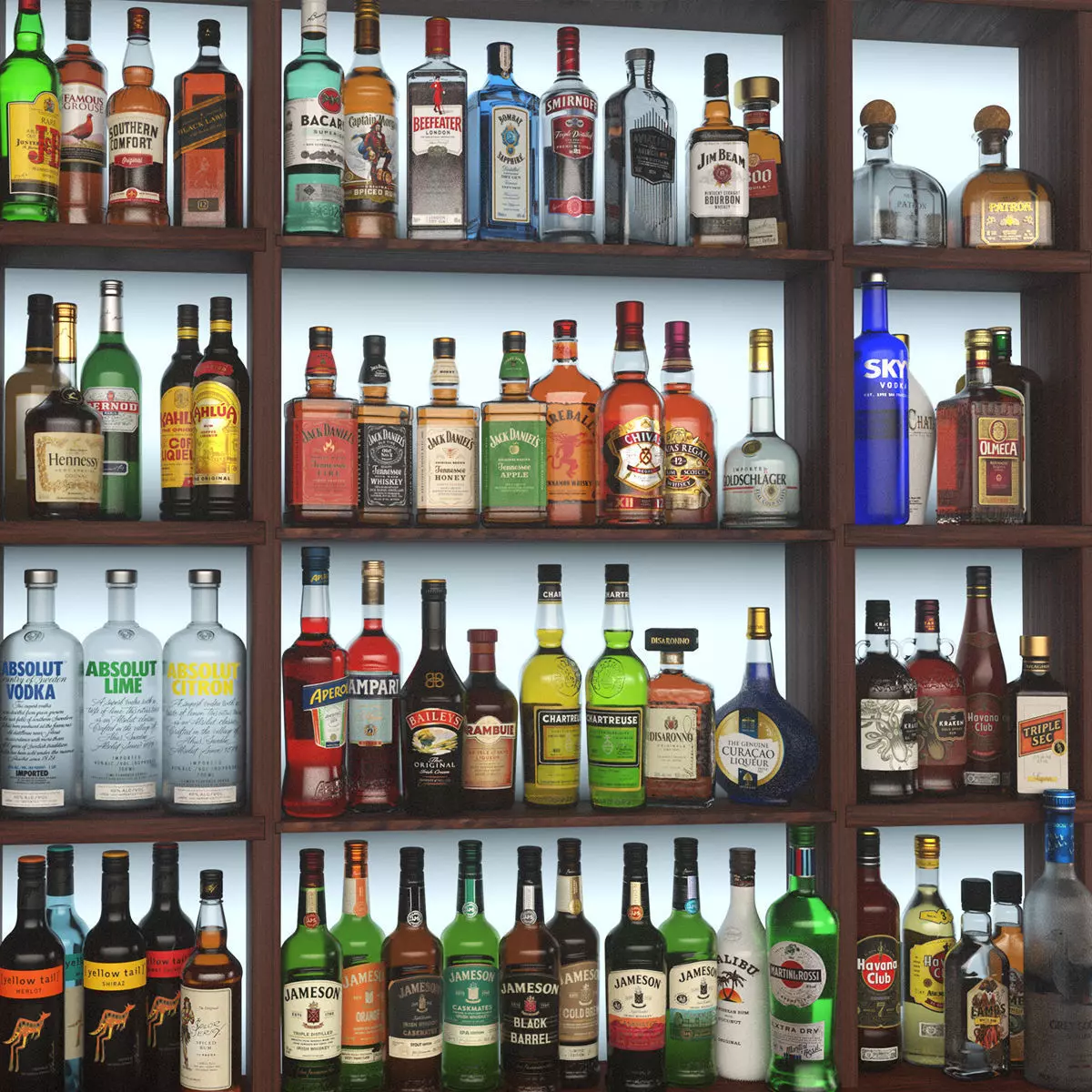 66 Alcohol Bottles Full Collection Low-poly 3D model_0