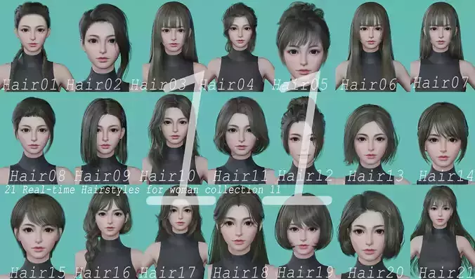 21 Real-time Women Hairstyles collection 11 Low-poly 3D model