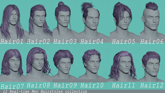 12 Real-time man Hairstyles collection 03 Low-poly 3D model