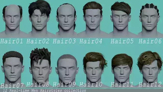 12 Real-time man Hairstyles hair collection 05 Low-poly 3D model
