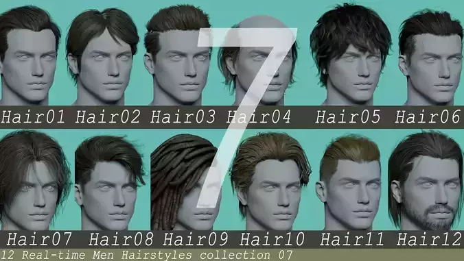 12 Real-time man Hairstyles hair collection 07 Low-poly 3D model