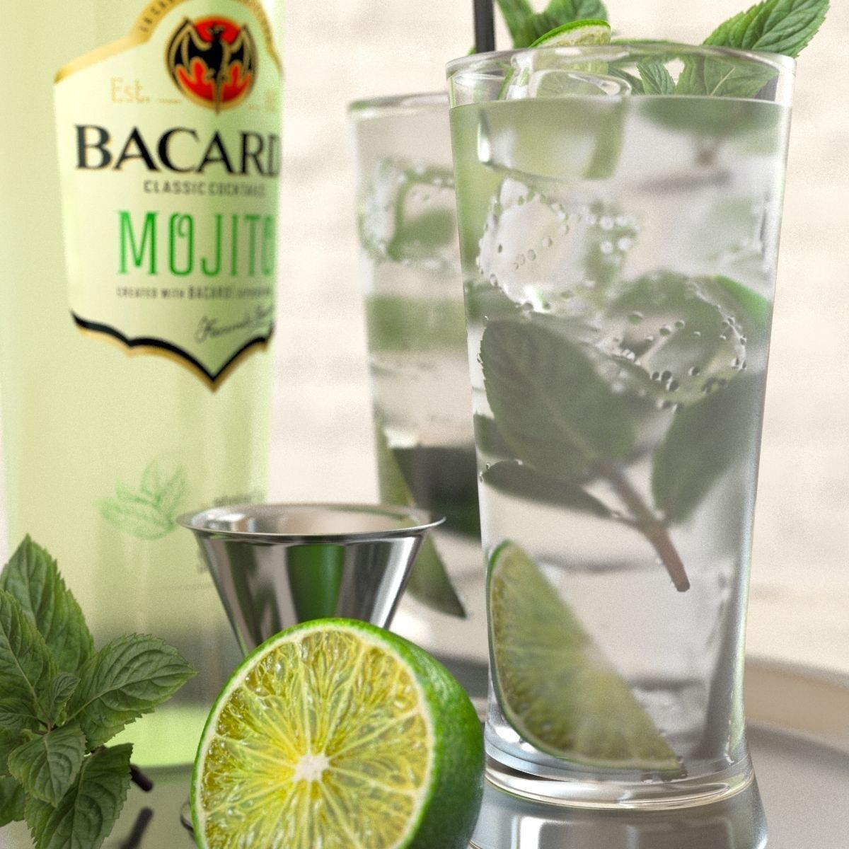 Mojito Set bottle of on tray with limes and mint leaves 3D model_5