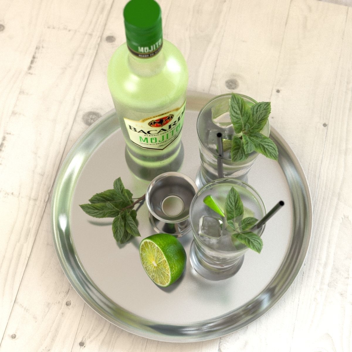 Mojito Set bottle of on tray with limes and mint leaves 3D model_3