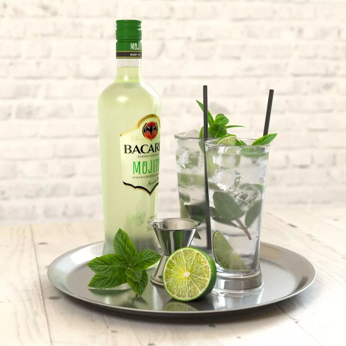 Mojito Set bottle of on tray with limes and mint leaves 3D model_0
