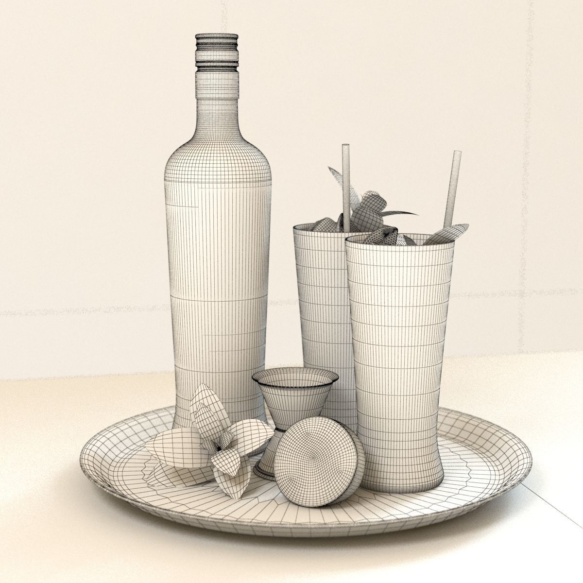 Mojito Set bottle of on tray with limes and mint leaves 3D model_4