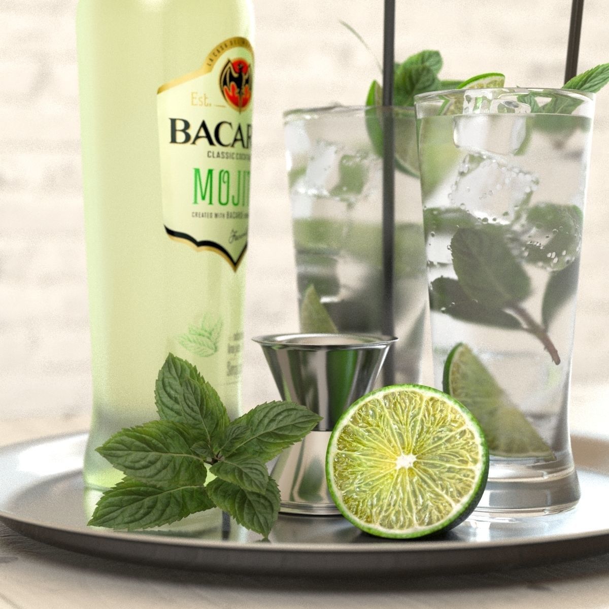 Mojito Set bottle of on tray with limes and mint leaves 3D model_2