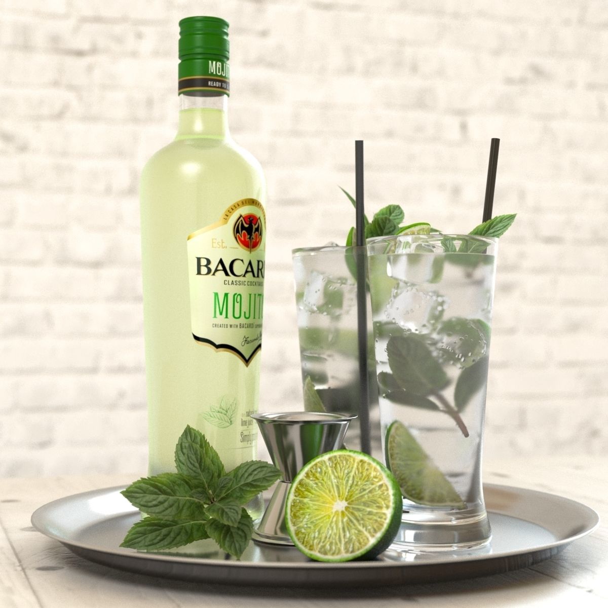 Mojito Set bottle of on tray with limes and mint leaves 3D model_6