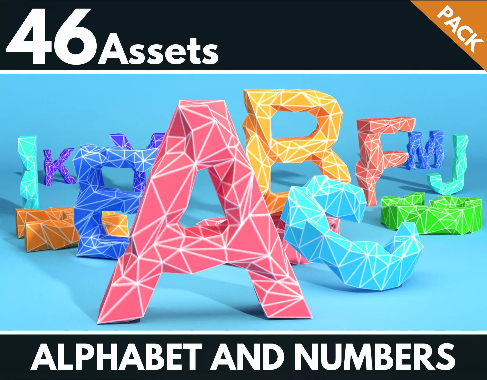 Alphabet and numbers Low-poly 3D model_0