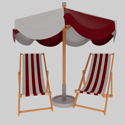 umbrella and Striped Deck Chair Low-poly 3D model