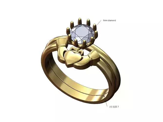 Claddagh guard 6mm diamond crown setting ring US size 7