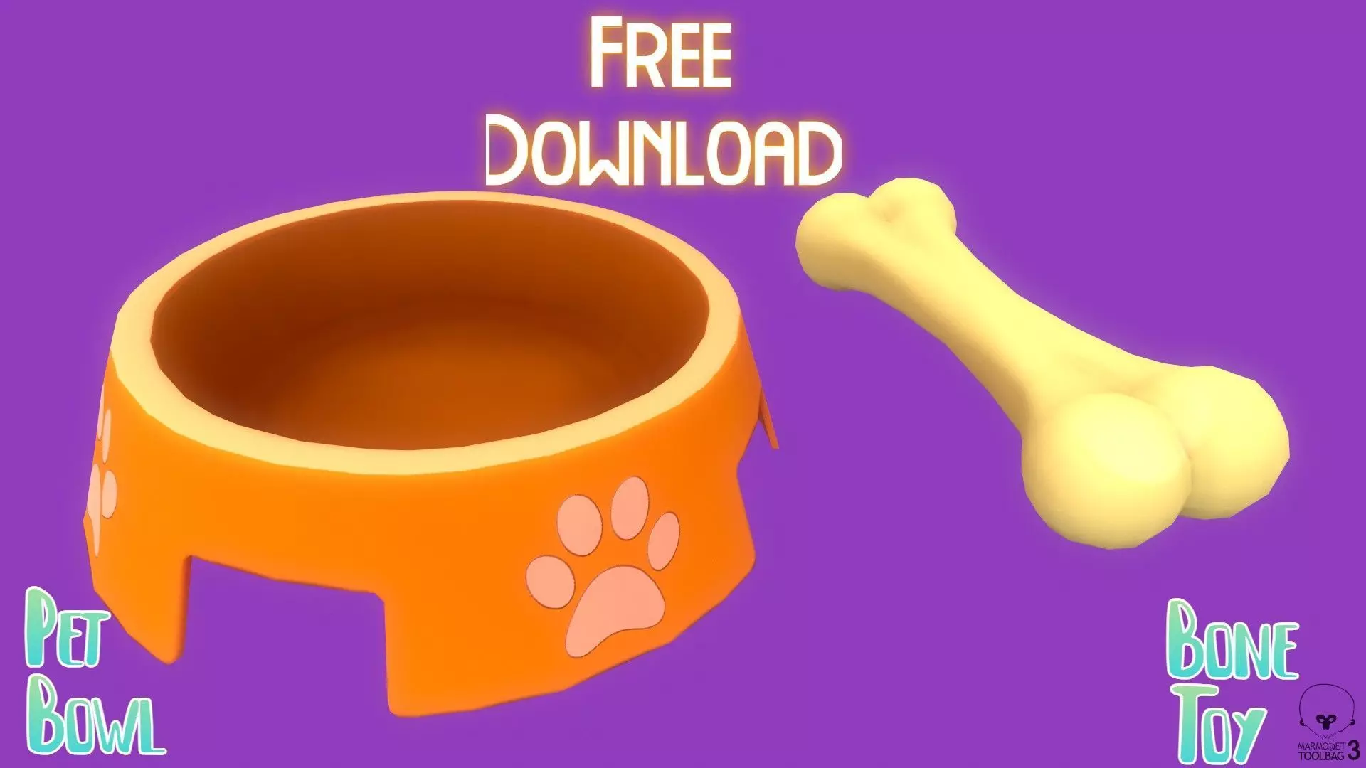 Stylized Orange Pet Bowl and Bone Toy Free low-poly 3D model_0