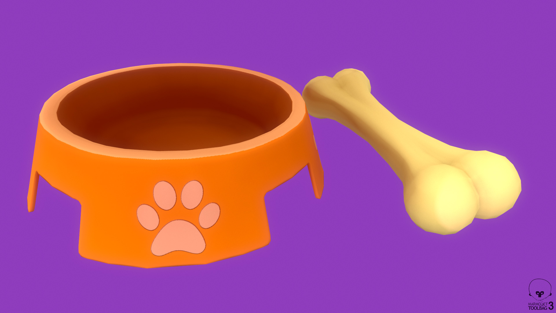 Stylized Orange Pet Bowl and Bone Toy Free low-poly 3D model_2