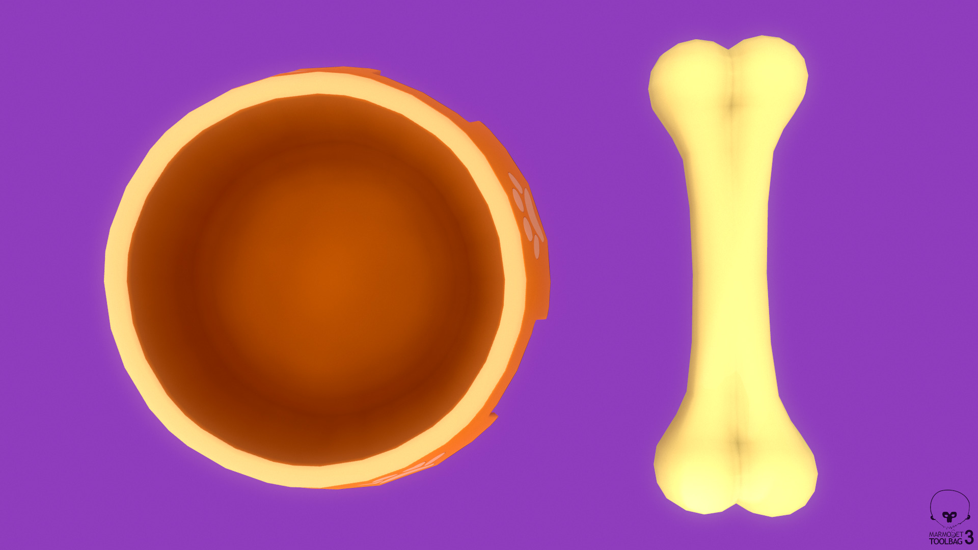 Stylized Orange Pet Bowl and Bone Toy Free low-poly 3D model_1