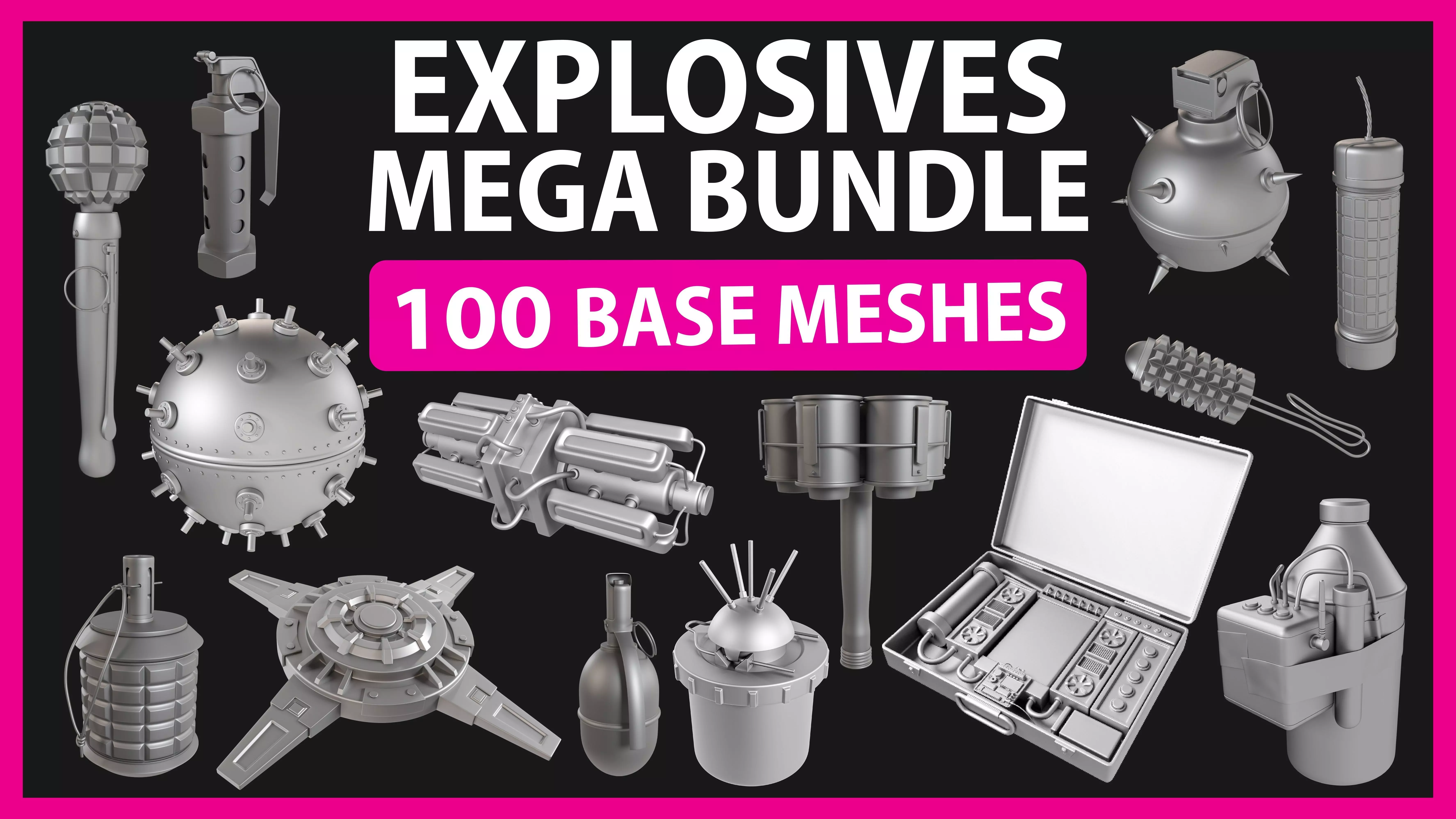 Explosives Mega Pack 100 Meshes Grenades Bombs Mines Dynamites Low-poly 3D model_0