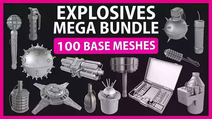 Explosives Mega Pack 100 Meshes Grenades Bombs Mines Dynamites  Low-poly 3D model