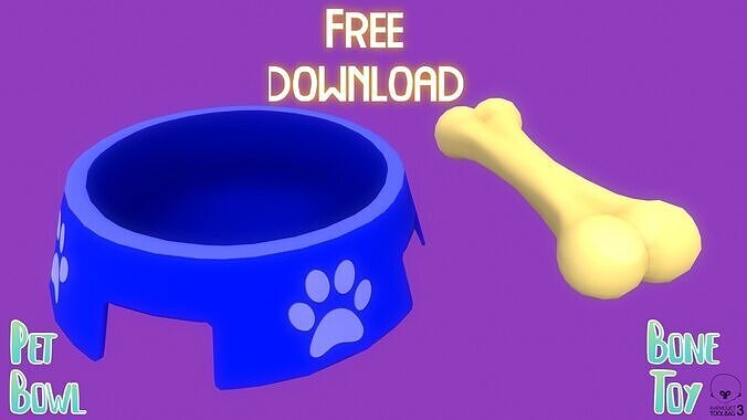 Stylized Blue Pet Bowl and Bone Toy Free low-poly 3D model