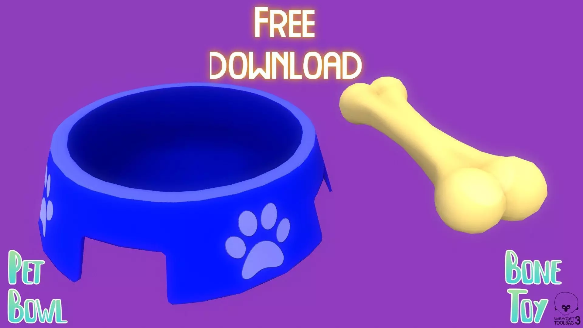 Stylized Blue Pet Bowl and Bone Toy Free low-poly 3D model_0