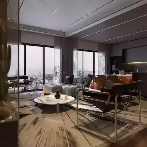  Living Room And Kitchen Interior Model