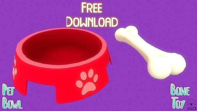 Stylized Red Pet Bowl and Bone Toy Free low-poly 3D model