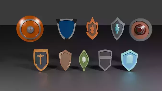 Low Poly Shield Pack 10 Stylized Medieval Shields Game Ready Low-poly 3D model Low Poly Shield Pack 10 Stylized Medieval Shields Game Ready Low-poly 3D model