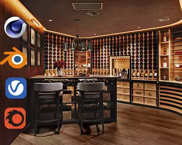 Luxury Wine Cellar with Bar Counter and Wooden Bottle Racks 35 3D model