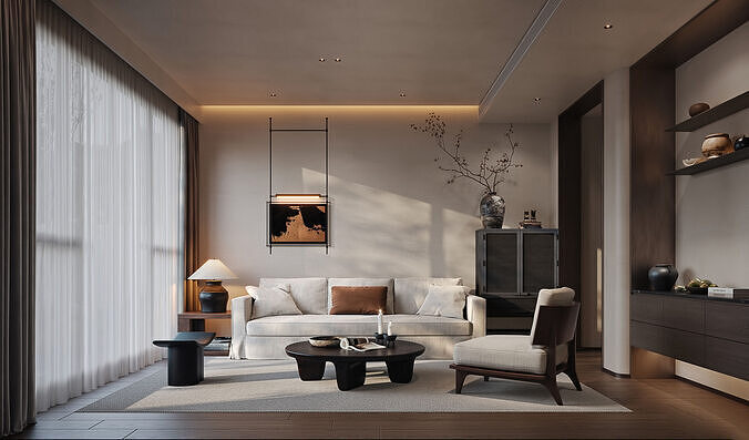 Modern Oriental Minimalist Living Room 32 3D model