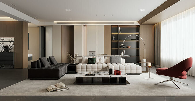 Modern Minimalist Living Room and Kitchen Interior 44 3D model