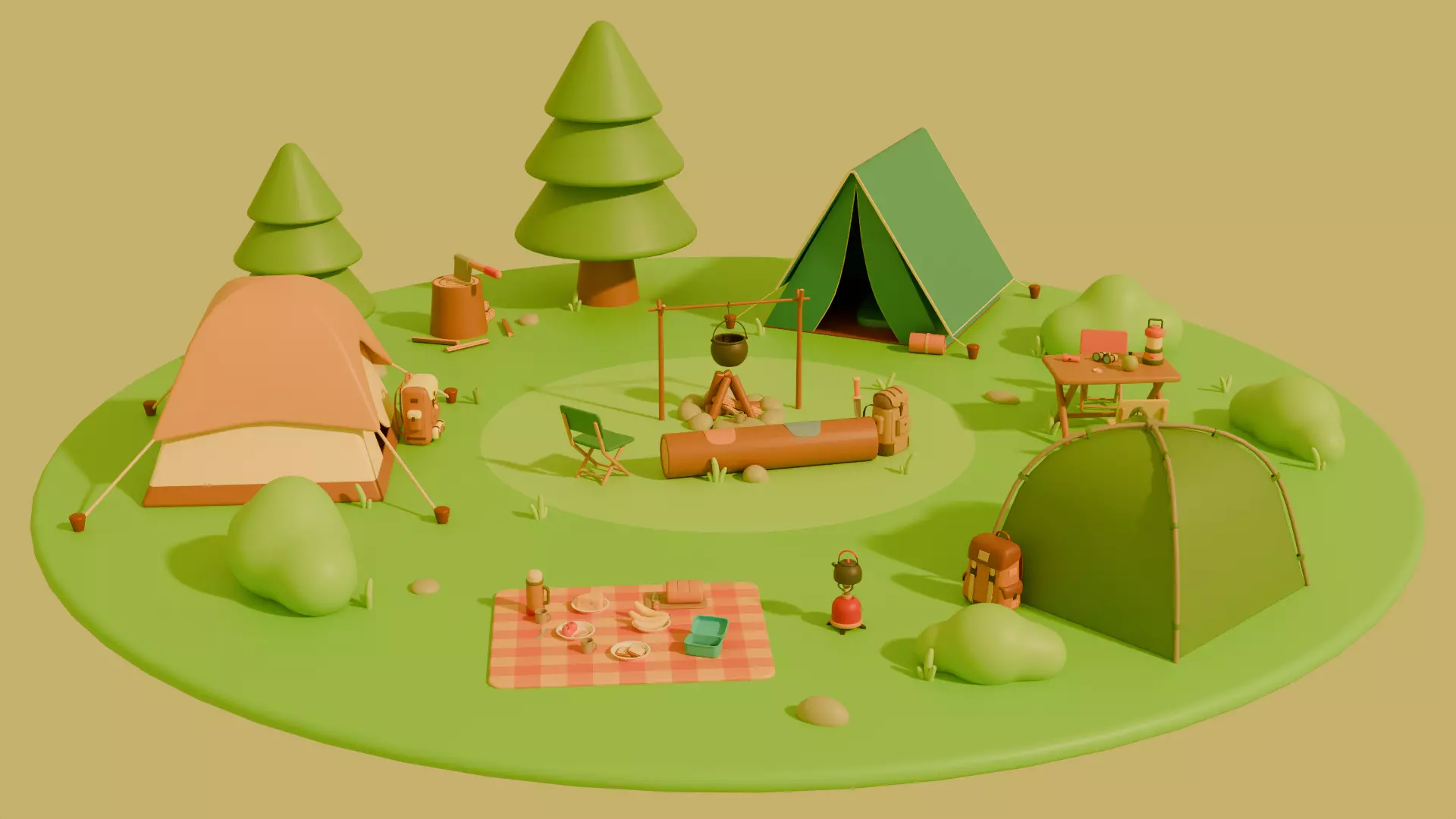 Low Poly Stylized Cartoon Camping Pack Low-poly 3D model_0