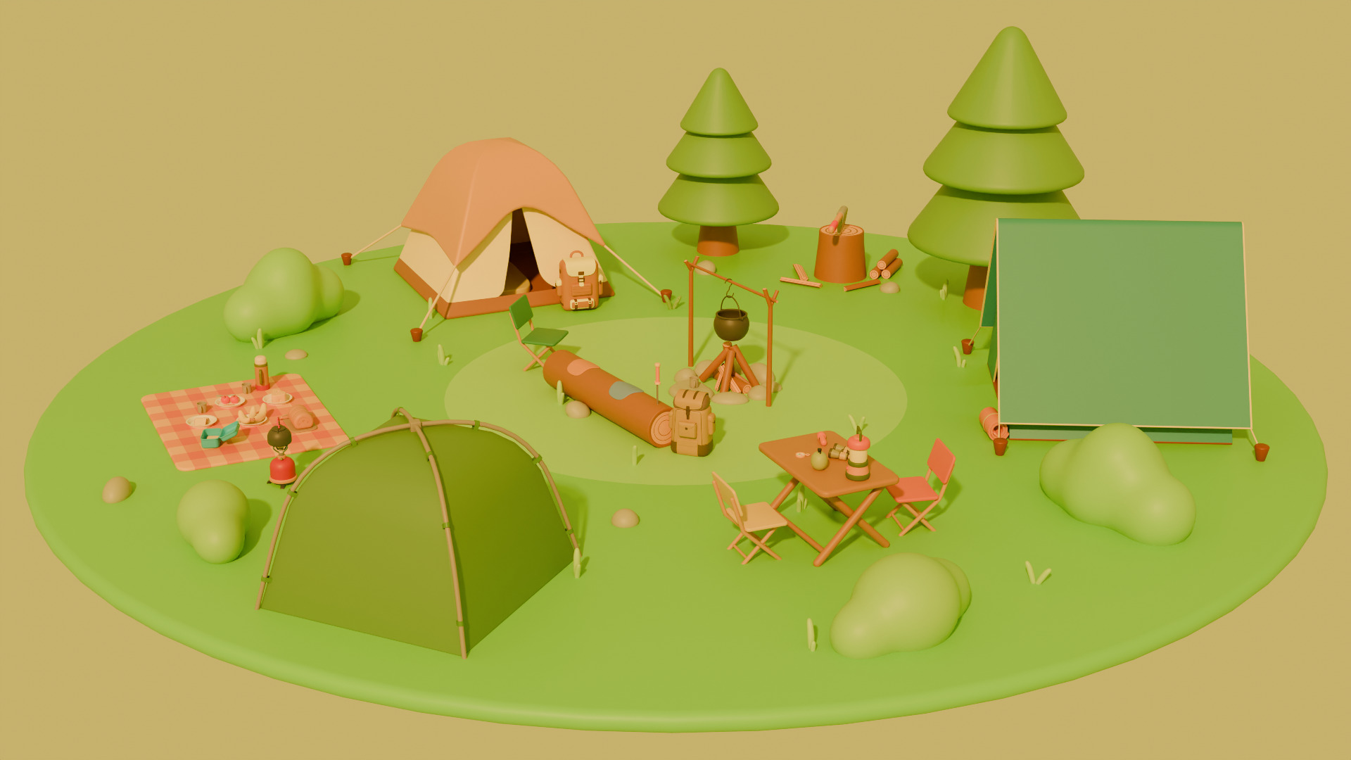 Low Poly Stylized Cartoon Camping Pack Low-poly 3D model_1