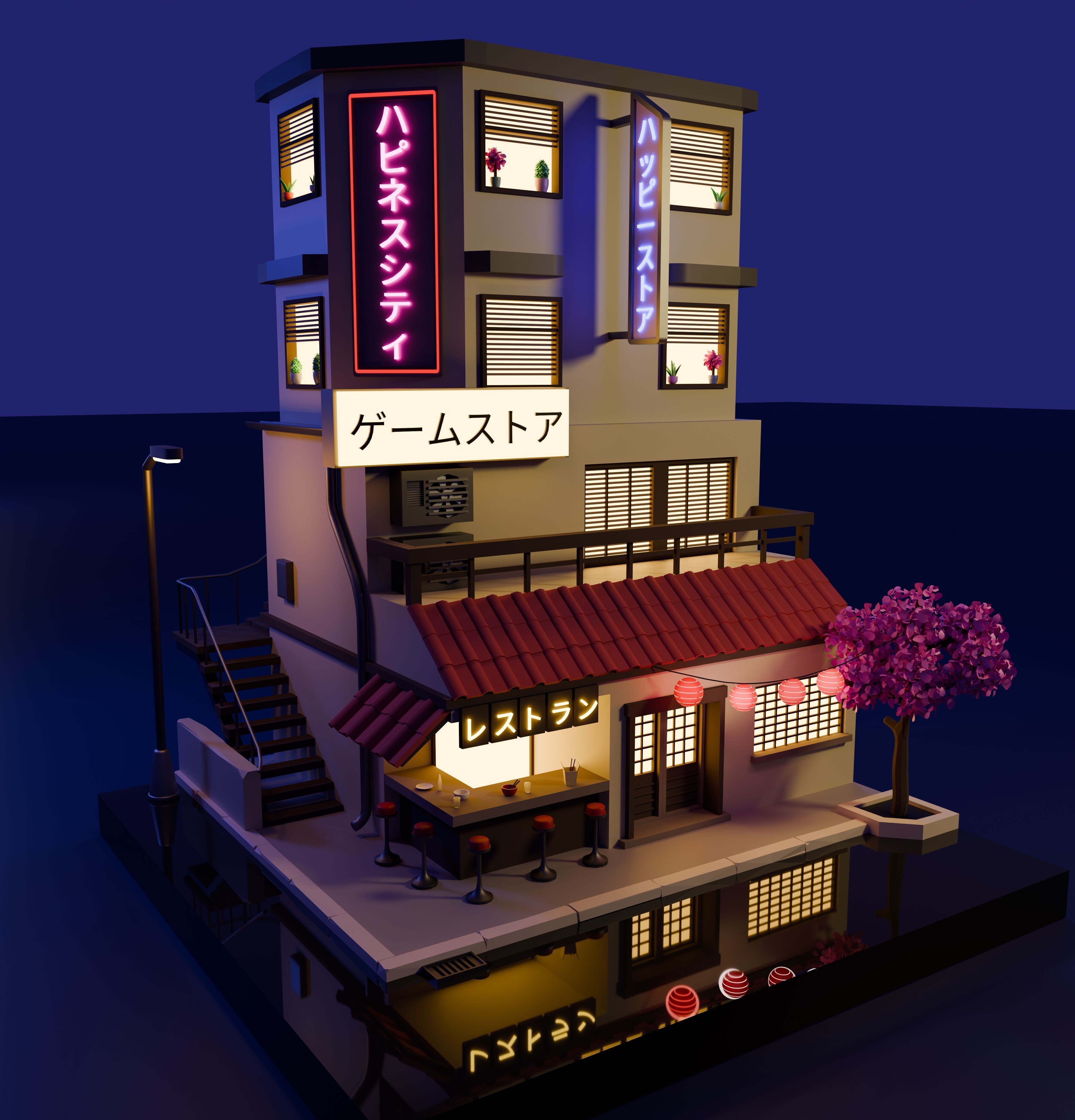Stylized Japanese City Building Low-poly 3D model_8