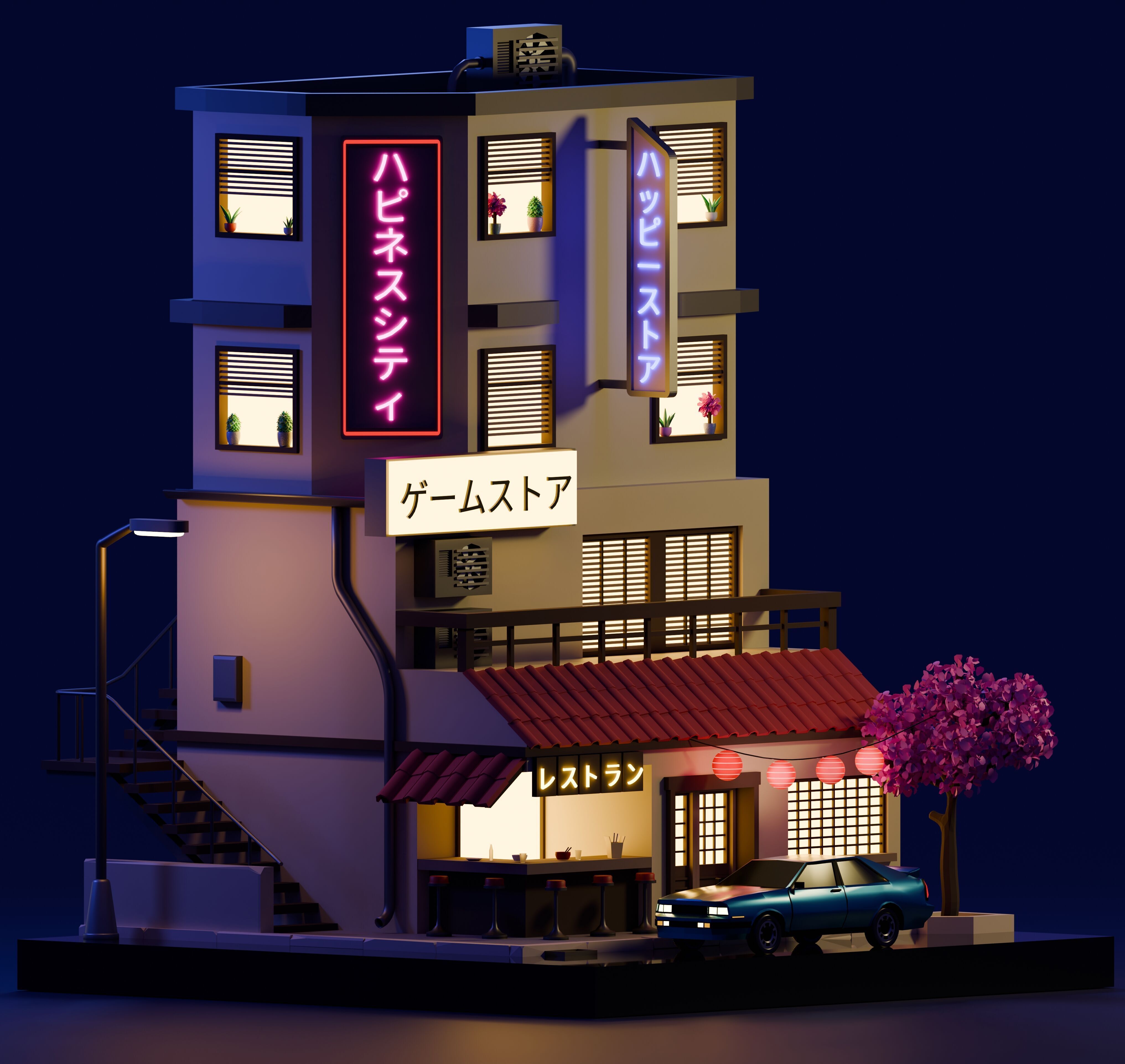 Stylized Japanese City Building Low-poly 3D model_10