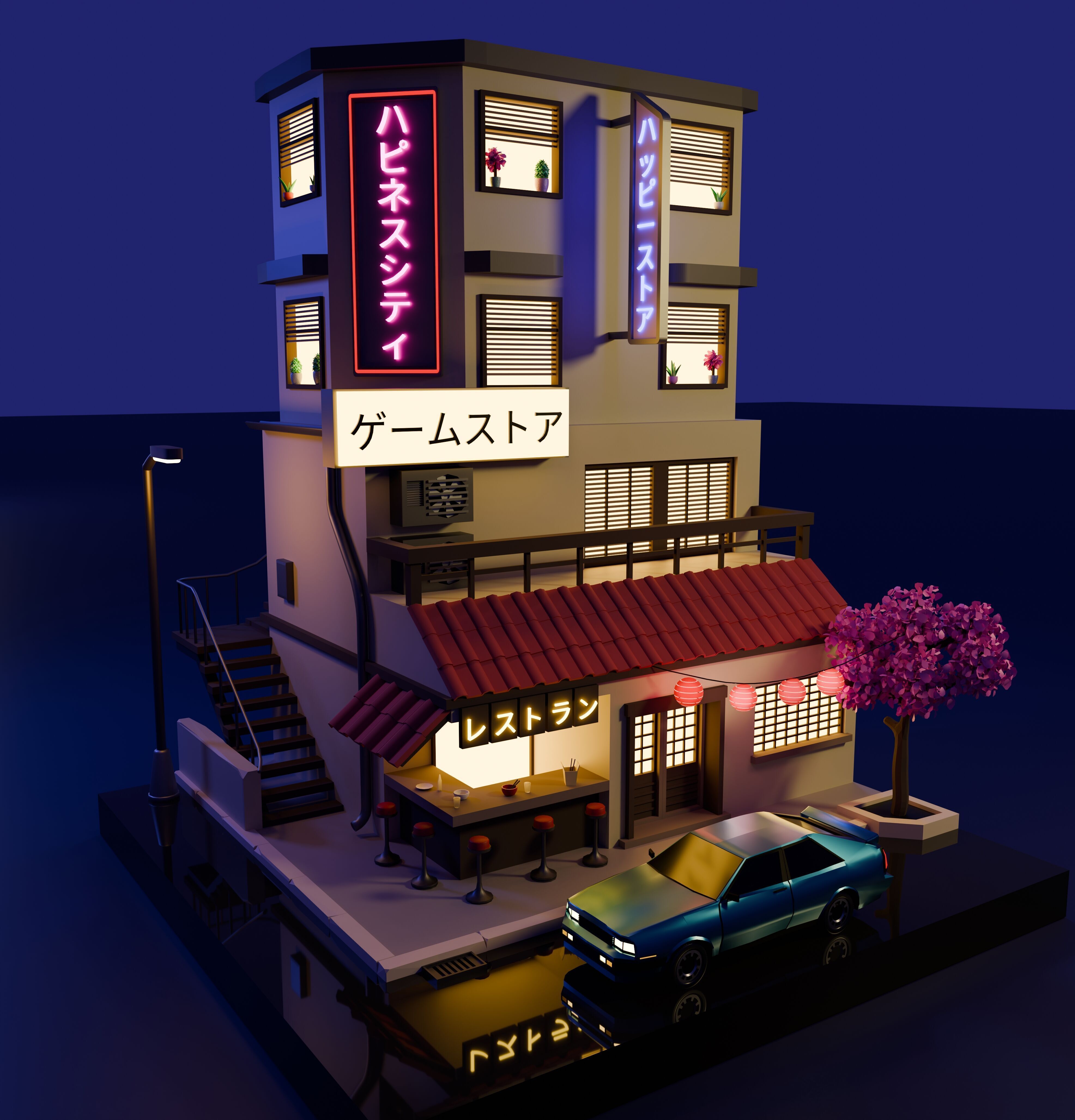 Stylized Japanese City Building Low-poly 3D model_11