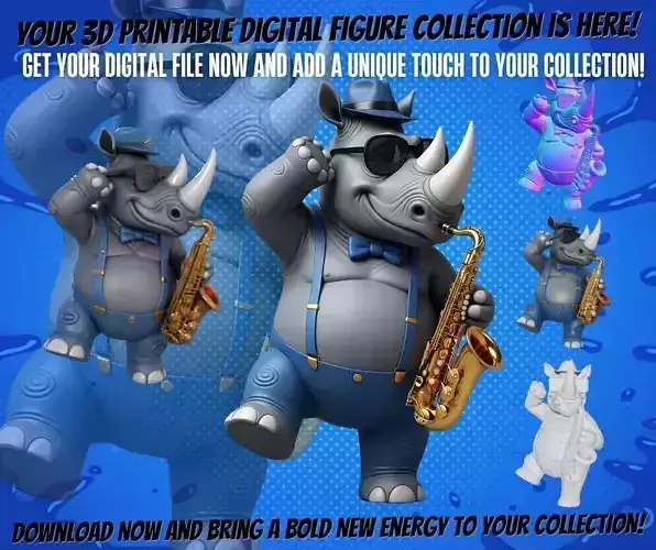 Saxophone Rhino 3D Print Figure  Stylized Jazz Musician