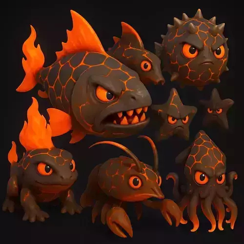 Volcanic Sea Creatures Stylized Lava Monster Pack 3D Model Collection