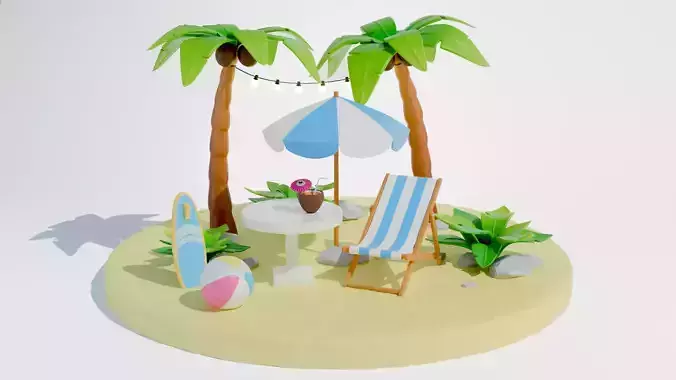 Stylized beach umbrella and sun lounger set