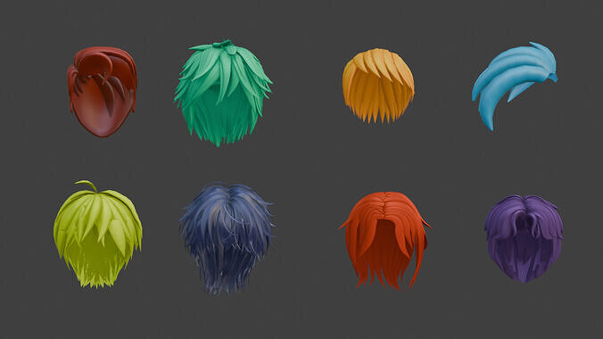 8 Stylized Anime Male Hair Mesh Pack for Blender 3D model