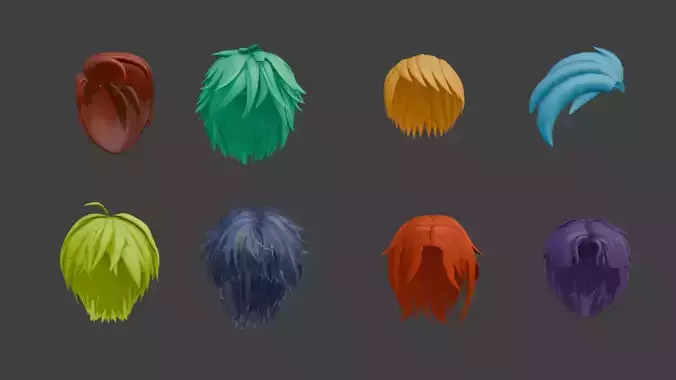 8 Stylized Anime Male Hair Mesh Pack for Blender
