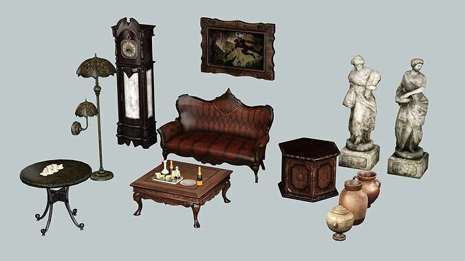 Medieval Old House Room Furniture low poly 3D Model Low-poly 3D model