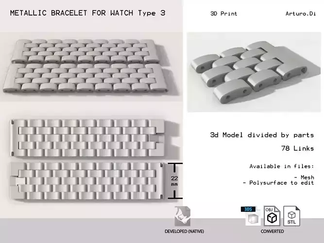 Metallic bracelet for watch type 3 3D print model