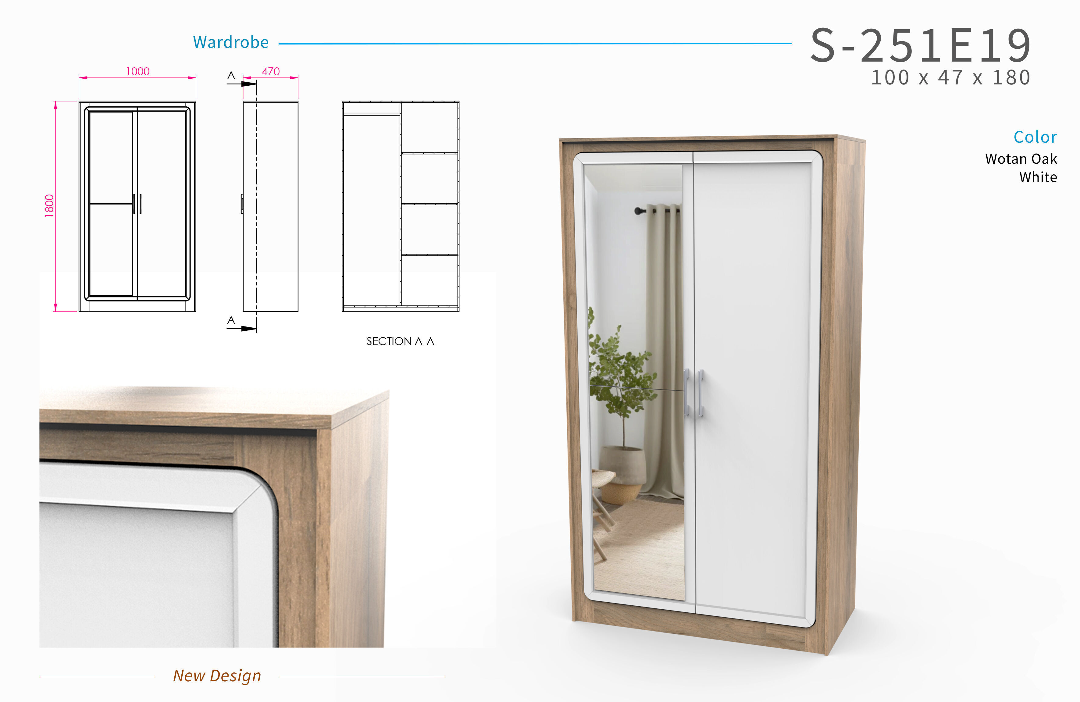 Minimal Two Door Wardrobe 3D Model with Mirror Panel 3D model_3