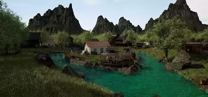 Rivervale Hollow Handcrafted Medieval River Village Environment  3D model