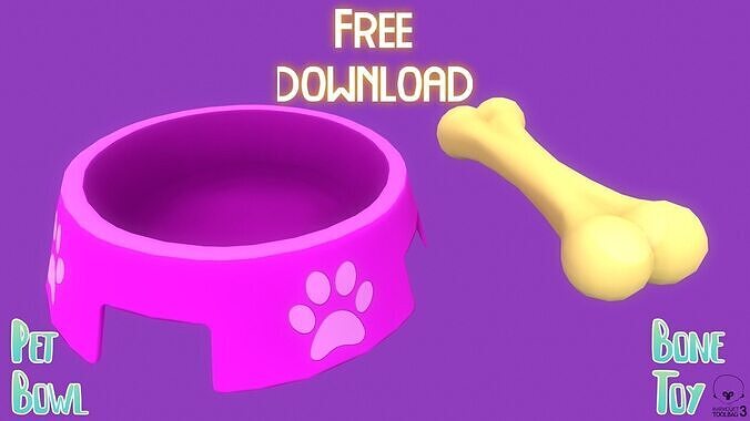 Stylized Pink Pet Bowl and Bone Toy Free low-poly 3D model