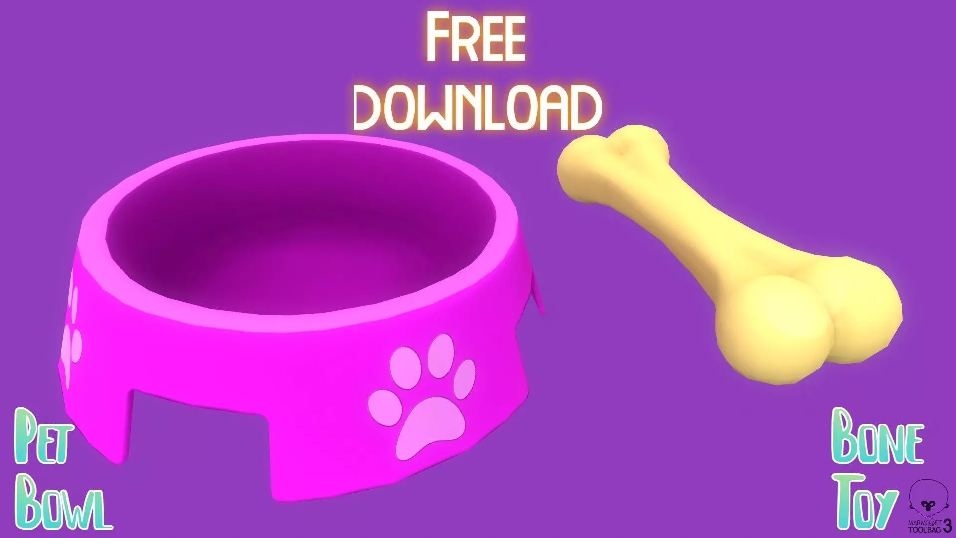 Stylized Pink Pet Bowl and Bone Toy Free low-poly 3D model_0
