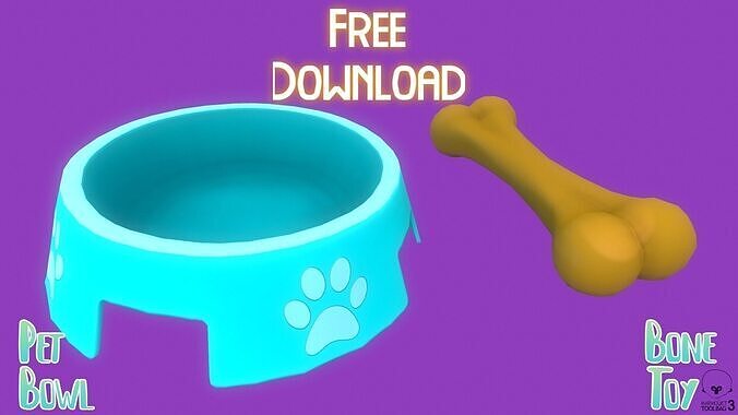 Stylized Light Blue Pet Bowl and Bone Toy Free low-poly 3D model